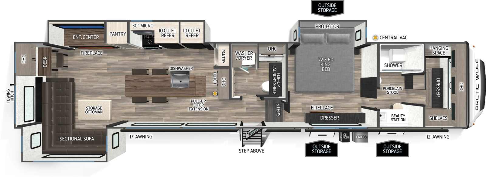 The Arctic Wolf 38LEAH.G floorplan has one entry and three slide outs. Exterior features include: fiberglass exterior and 17' & 12' awning. Interiors features include: kitchen island, rear living and bathroom and a half.